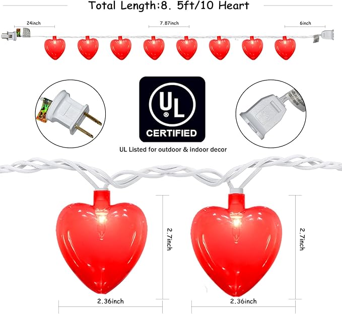 Red Heart String Lights,8.5Ft Valentines Day String Light with 10 Pack Red 3D Heart Lights,Heart Valentines Lights for Propose Wedding Anniversary Valentines Mother's Day Decor