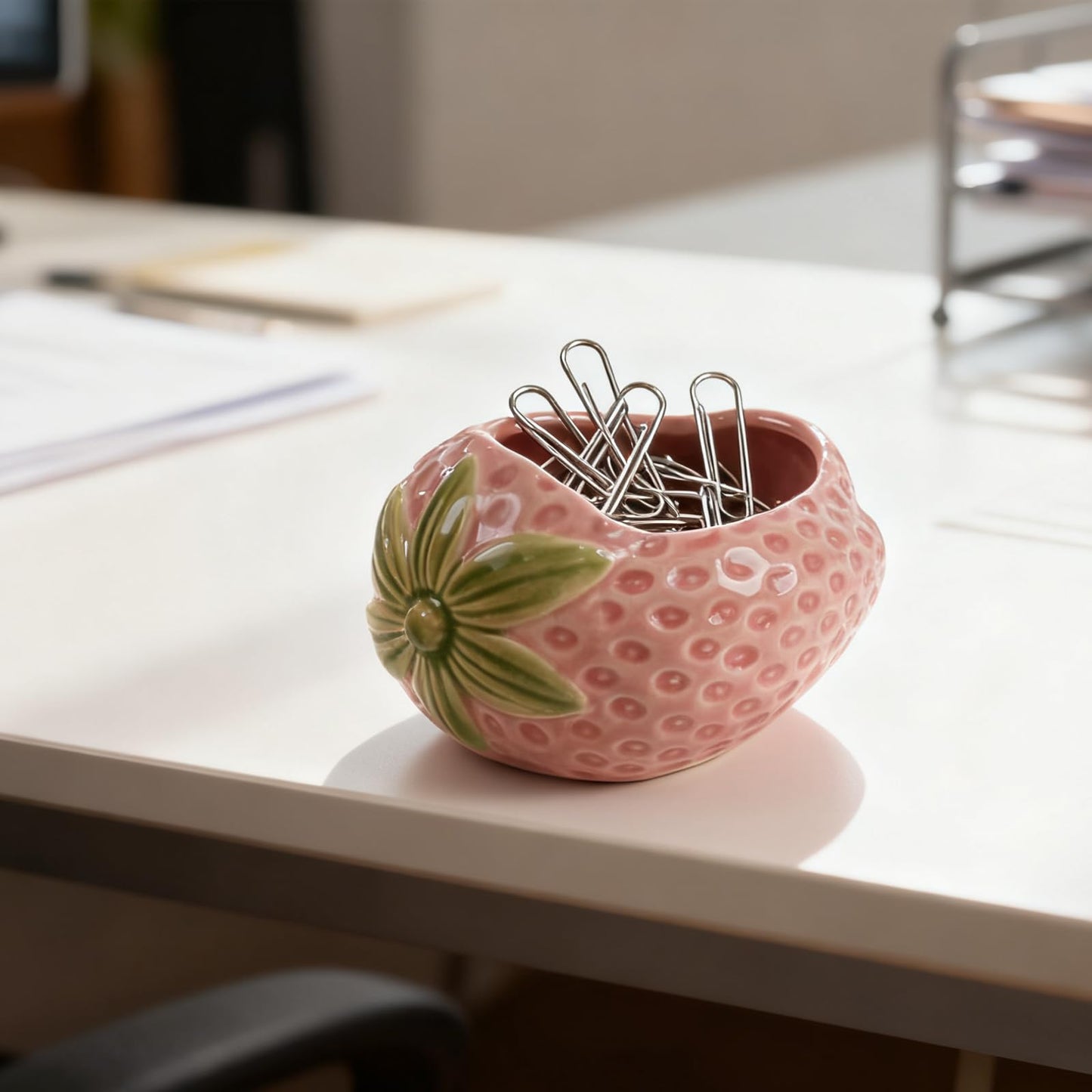 Zaposcca Ceramic Paper Clip Holder, Strawberry-Shaped Binder Clip Box Cute Office Decor Supplies for Desk Organizer (Strawberry Pink)