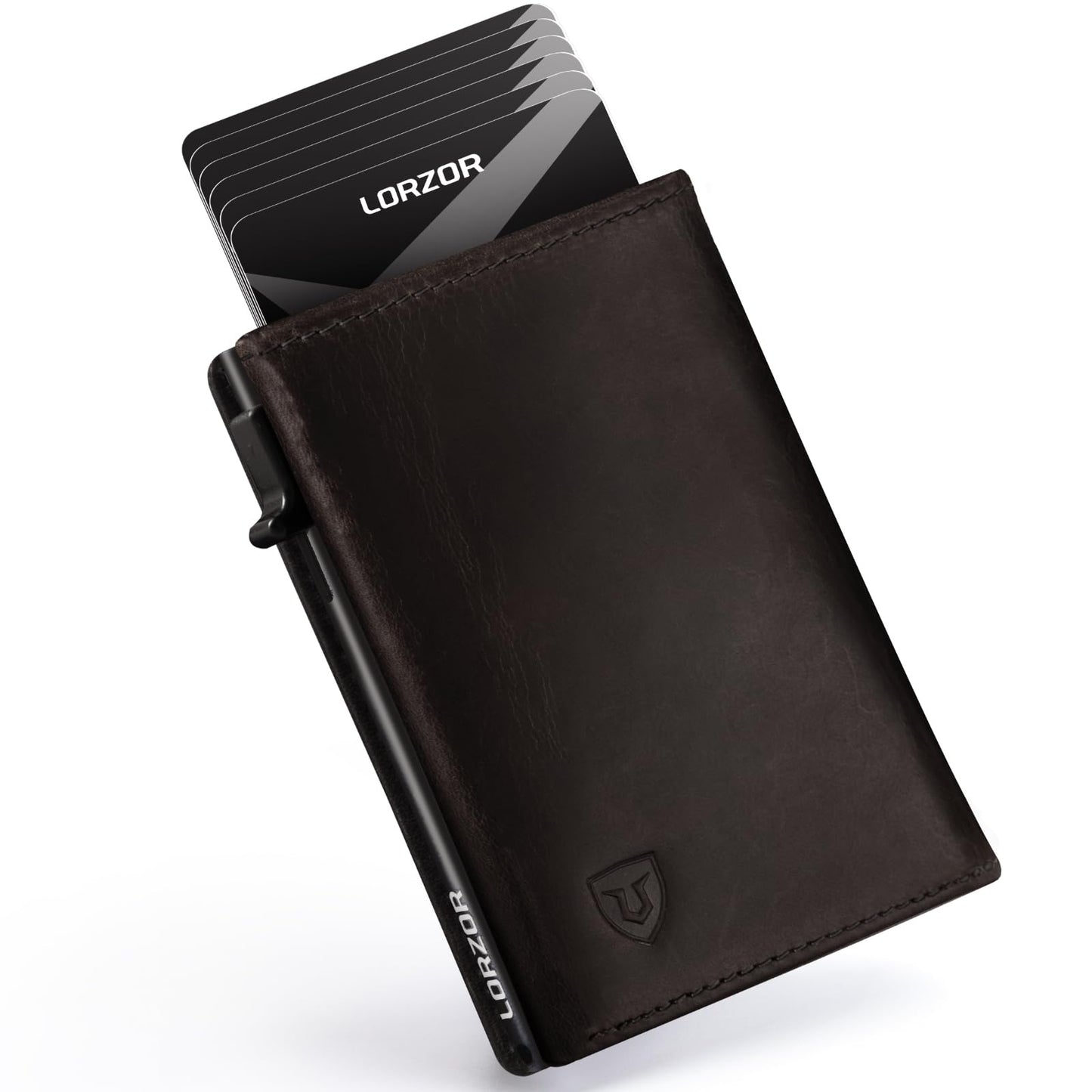 LORZOR Minimalist Wallet for Men with Credit Card Holder, Finest Full Grain Leather, Pop up Smart Wallet, Trifold Slim Wallet, RFID Blocking, Front Pocket, ID Window