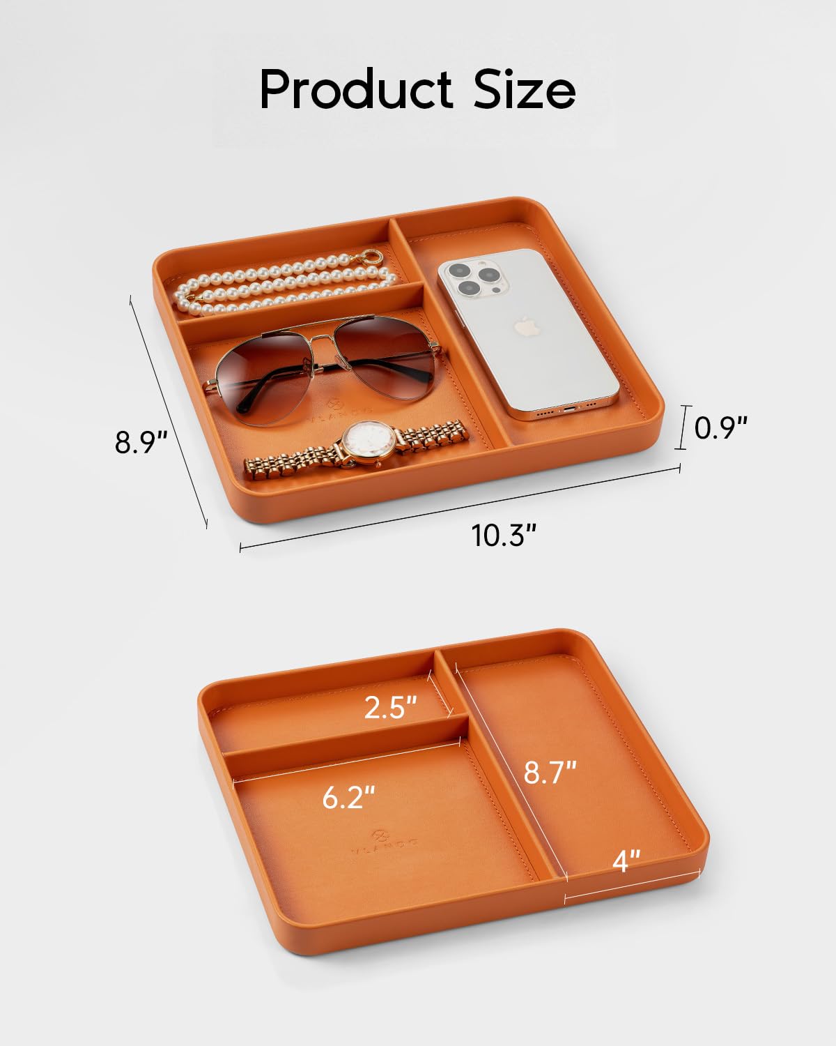 VLANDO Valet Tray Organizer, PU Leather Catchall Tray with Dividers for Keys Wallet Watch Phone Jewelry, Nightstand Dresser Desk Organizer for Sunglasses Perfume Earbuds Accessories, Orange