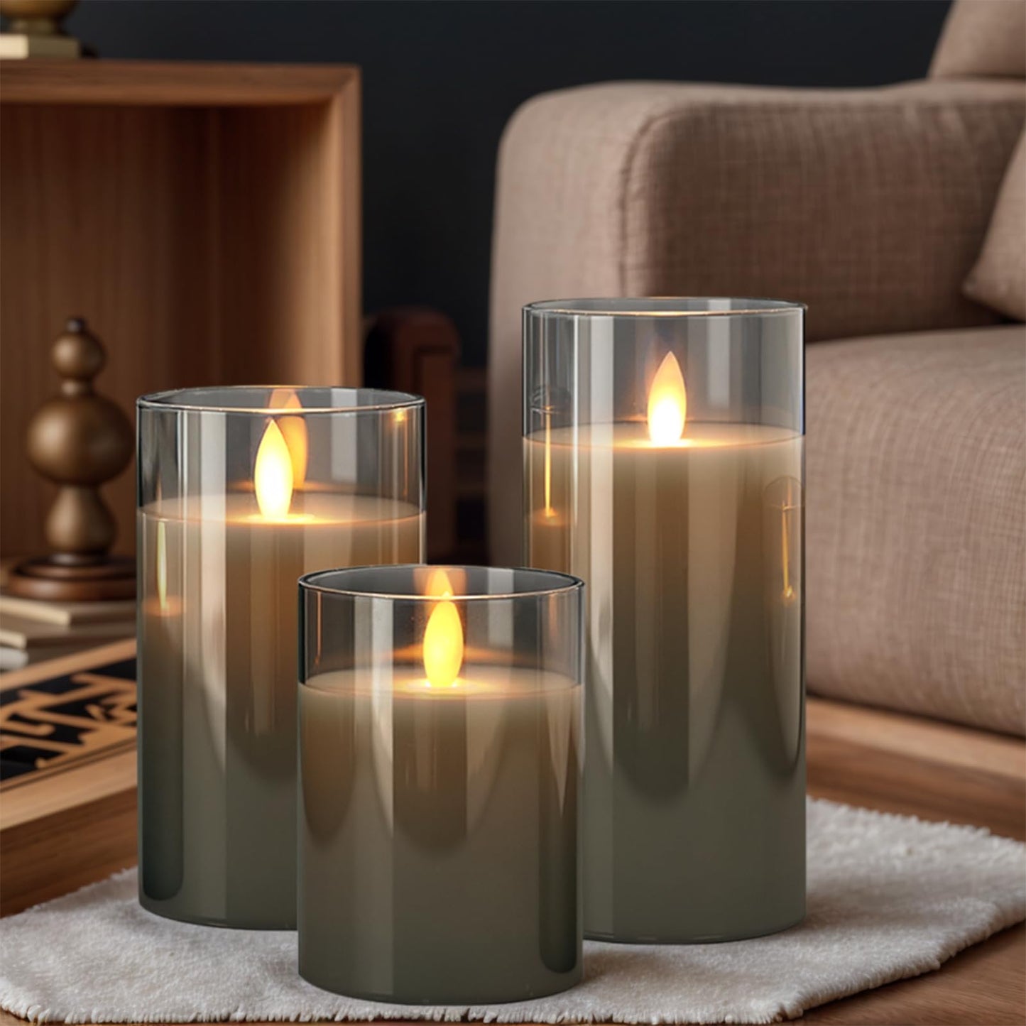 GenSwin Rechargeable Candles with Charging Station, Glass Flameless Candles with Remote, LED Pillar Flickering Candle Battery Operated for Halloween Christmas Home Party Decor(Pack of 3, Gray)