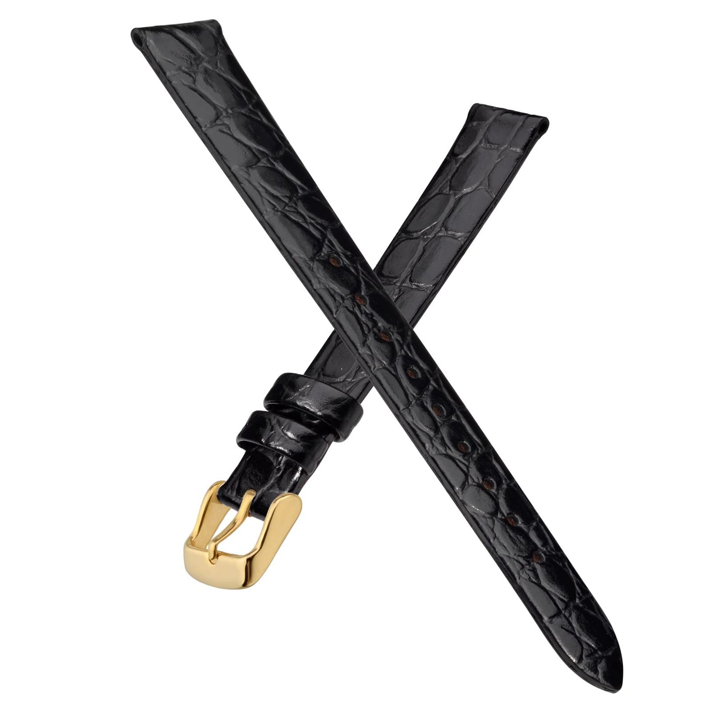 BISONSTRAP Watch Straps for Women, Crocodile Pattern Leather Thin Watch Replacement Bands,12mm, Black with Gold Buckle