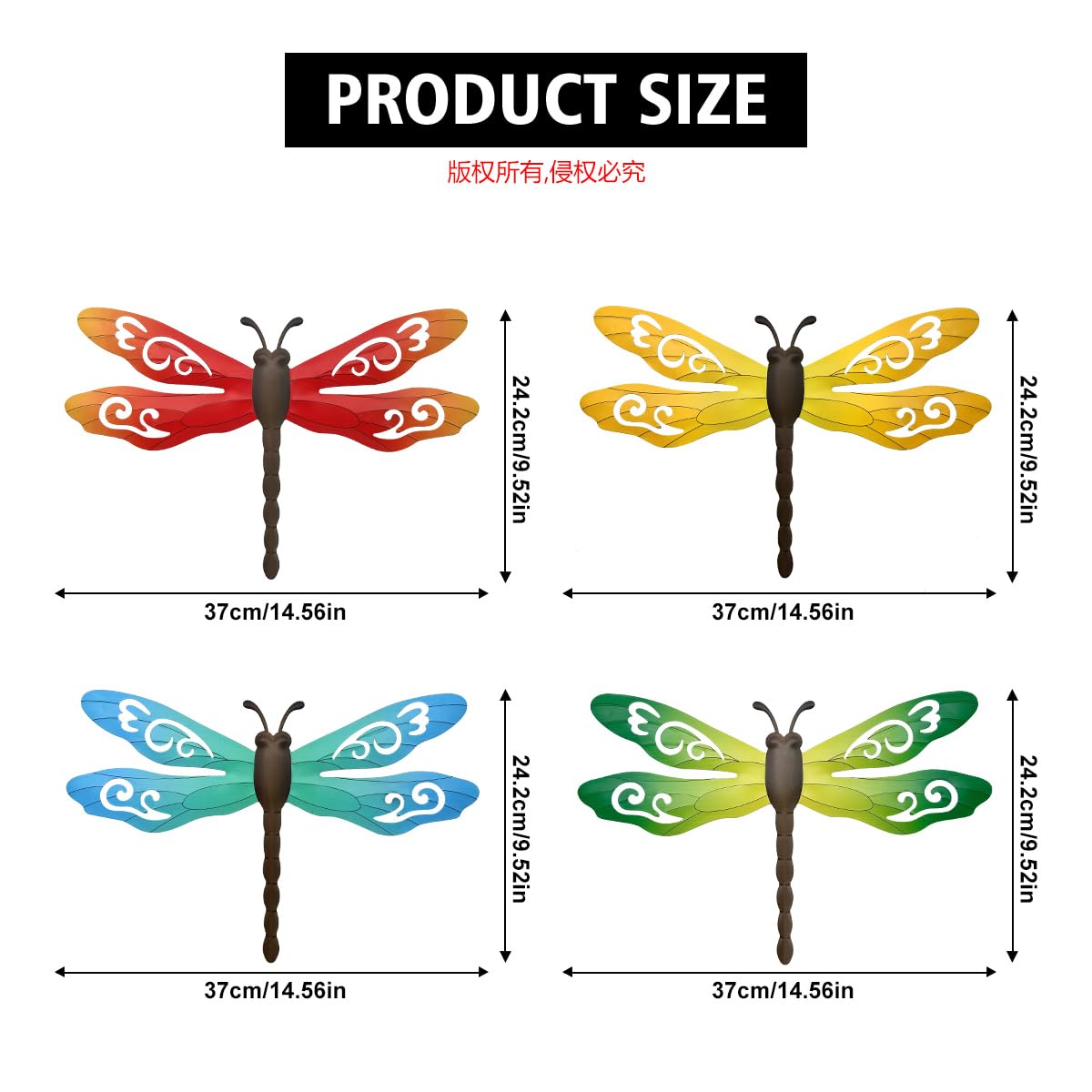 Metal Dragonfly Wall Decor, 4 Pack 14inch Metal Dragonfly Wall Hanging Sculpture Decor for Outdoor, Yard Patio Fence Garden Outside Decorations