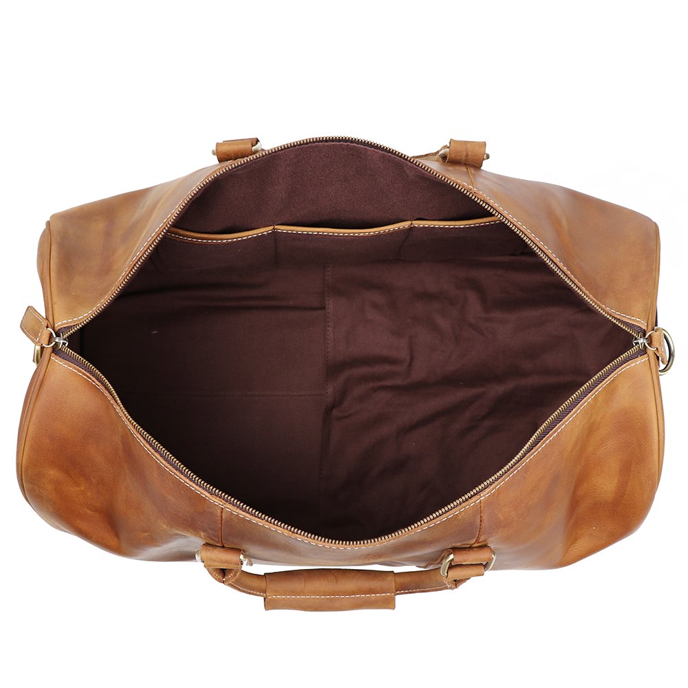 Leathfocus Leather Travel Luggage Bag with Ykk Zipper, Mens Duffle Retro Carry on Handbag (Brown)