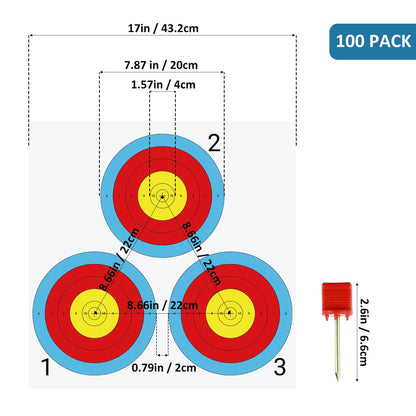 suituts 100 pcs Archery Targets Paper 3 Spot Bow and Arrow Target Paper 17 x 17 Inch Paper Archery Targets, 4 Pcs Archery Target Pins Included