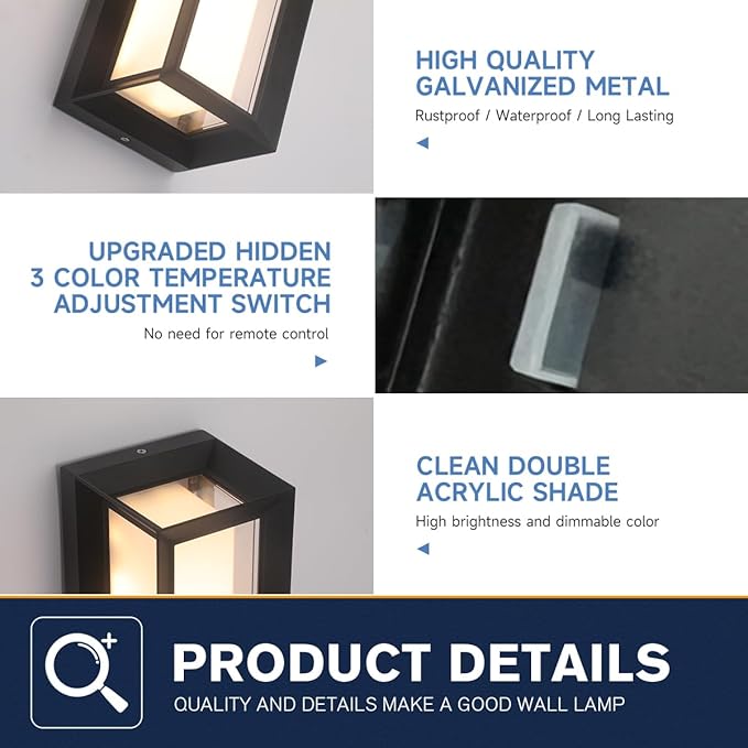 Outdoor Modern Wall Sconce Lights,15%-100% Dimmable Indoor Wall Light Fixtures,3000K/4000K/6500K Adjustable,24W Exterior Wall Lighting,Waterproof Outdoor Porch Light,2160LM Indoor Wall Sconce 1 Pack