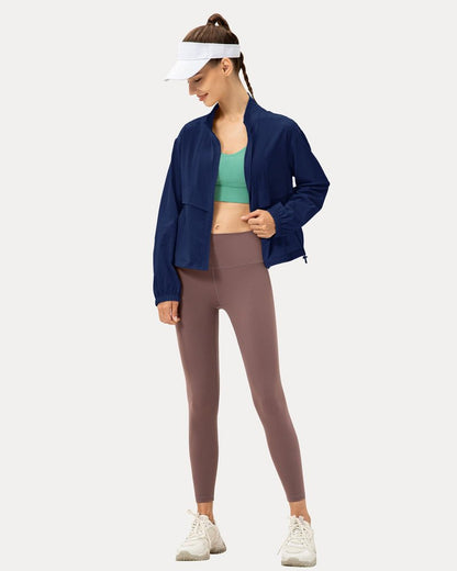 Locachy Women's Lightweight Zip Up Athletic Jacket Stand Collar Windproof Sun Protection Workout Outdoor Jacket Navy L