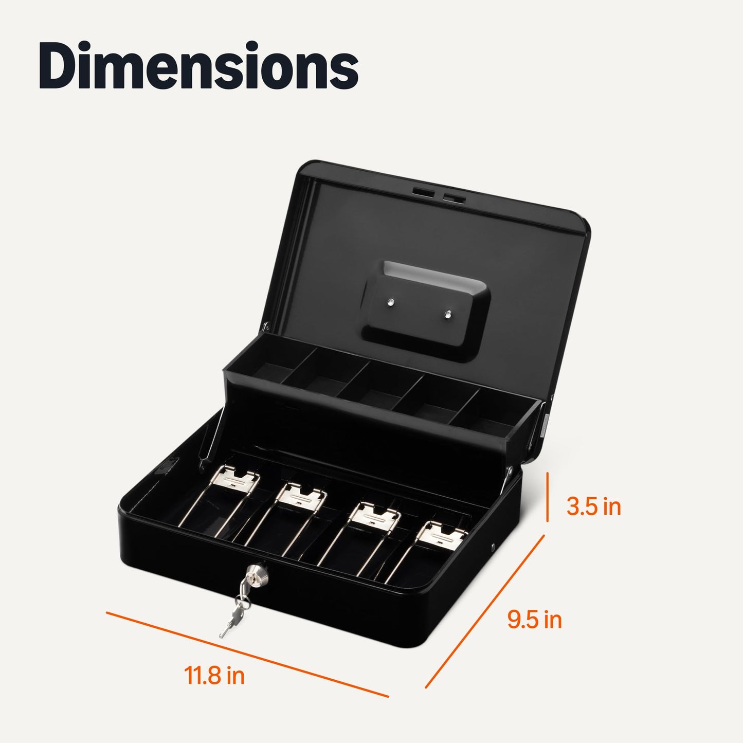 Amazon Basics Cash Box with Lock Key, Money Organizer Tray, 11.81" x 9.45" x 3.54", Black