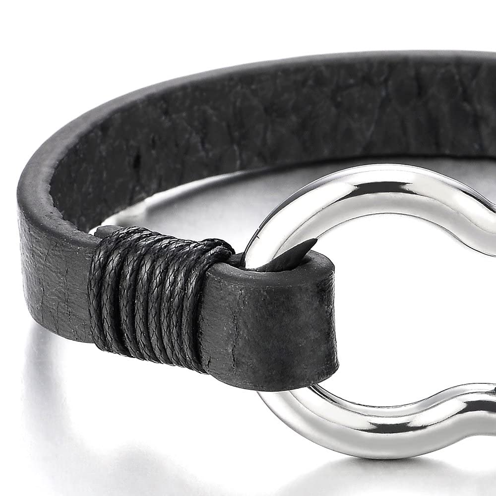 COOLSTEELANDBEYOND Nautical Anchor Black Leather Bracelet for Men and Women, Stainless Steel Screw Shackle, Leather Wrap Wristband, Sailing, Maritime, Ocean-Inspired Jewelry