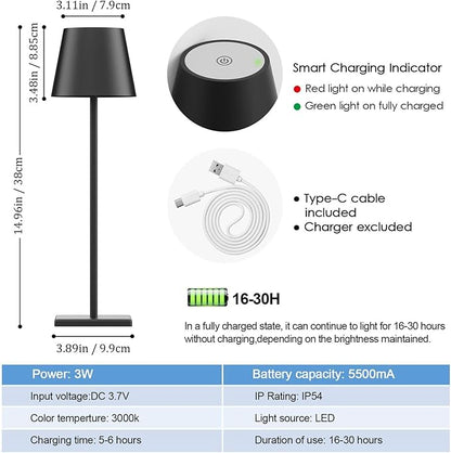 2-Pack LED Cordless Table Lamp, Rechargeable Battery Desk lamp 3W 5500mAh Battery Operated Stepless Dimming Modern Portable Table Light for Restaurant/Dinner/Bedroom/Outdoor IP54 Waterproof (Black)