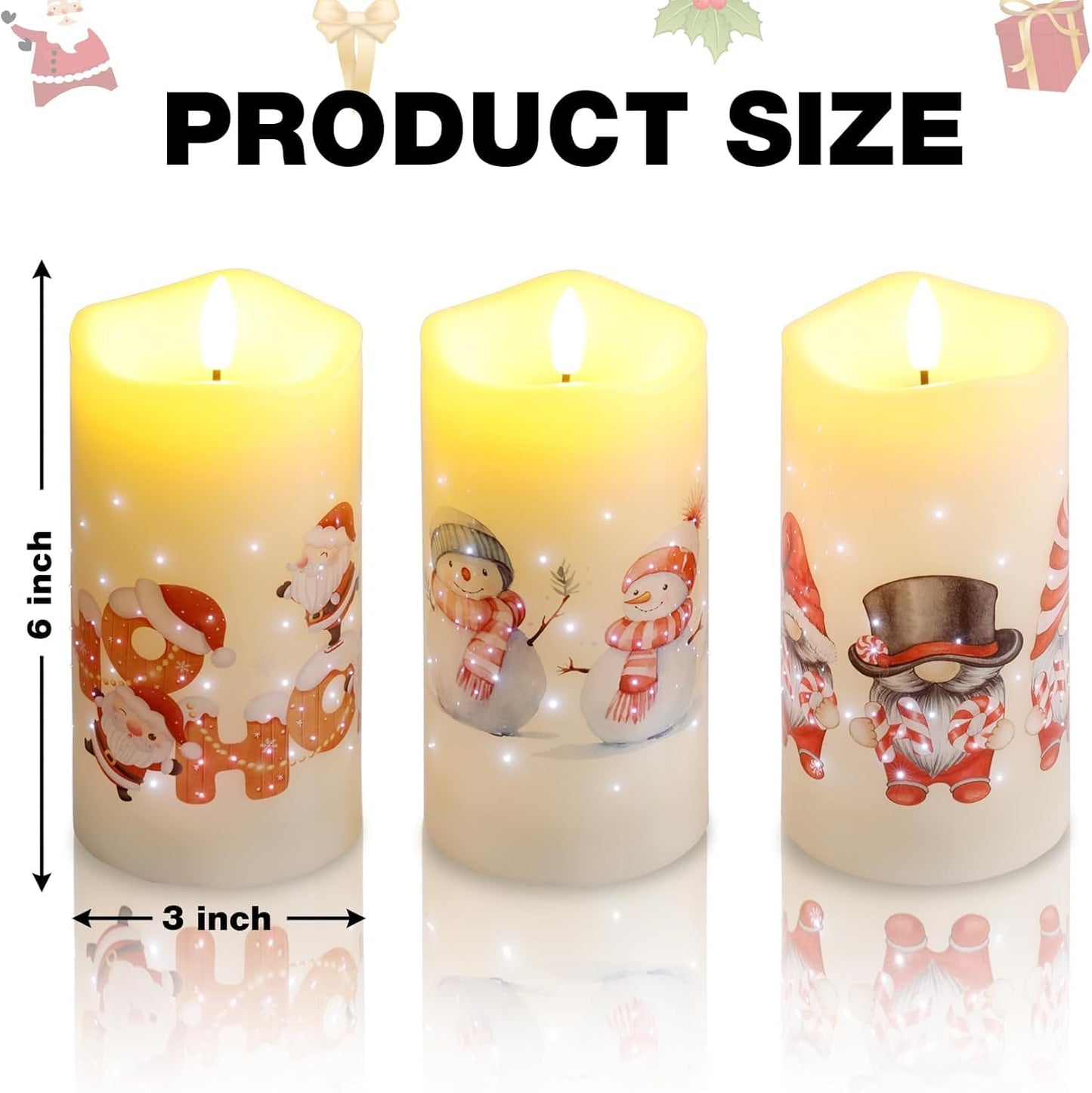 Eywamage Christmas Fiber Optic Flameless Pillar Candles with Remote, Santa Snowman Gnomes LED Battery Candles Holiday Winter Decor Set of 3