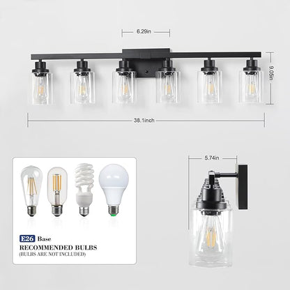 6-Light Black Vanity Lights 38'' Modern Bathroom Vanity Lighting Fixtures Above Mirror， Industrial Matte Bathroom Light Fixtures, Bath Wall Light Fixtures, Black Wall Sconces