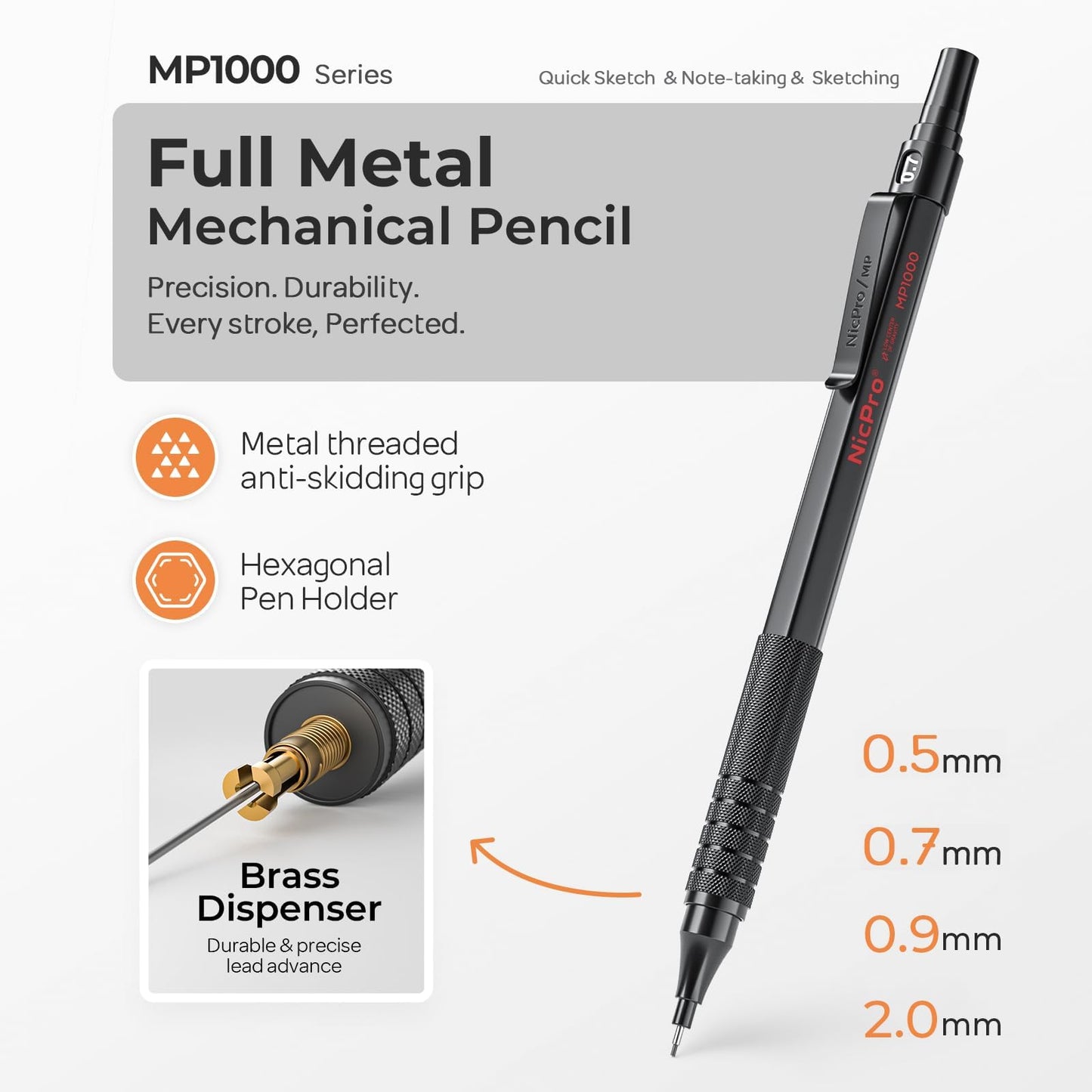 Nicpro 45PCS Black & Silver Metal Mechanical Pencil Set in Leather Case, Art Drafting Pencil 0.5, 0.7, 0.9 mm, 2mm Lead Holders for Sketching Drawing With 27 Tube (6B 4B 2B HB 2H 4H Colors)Lead Refill