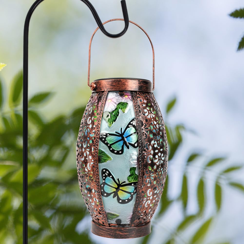 TEYIGARDEN Butterfly Solar Lanterns Glass & Metal Hanging Lantern Outdoor Waterproof 16" H Tabletop Light with Hollowed-Out Design for Garden Patio Table Decor Mother's Day Gift