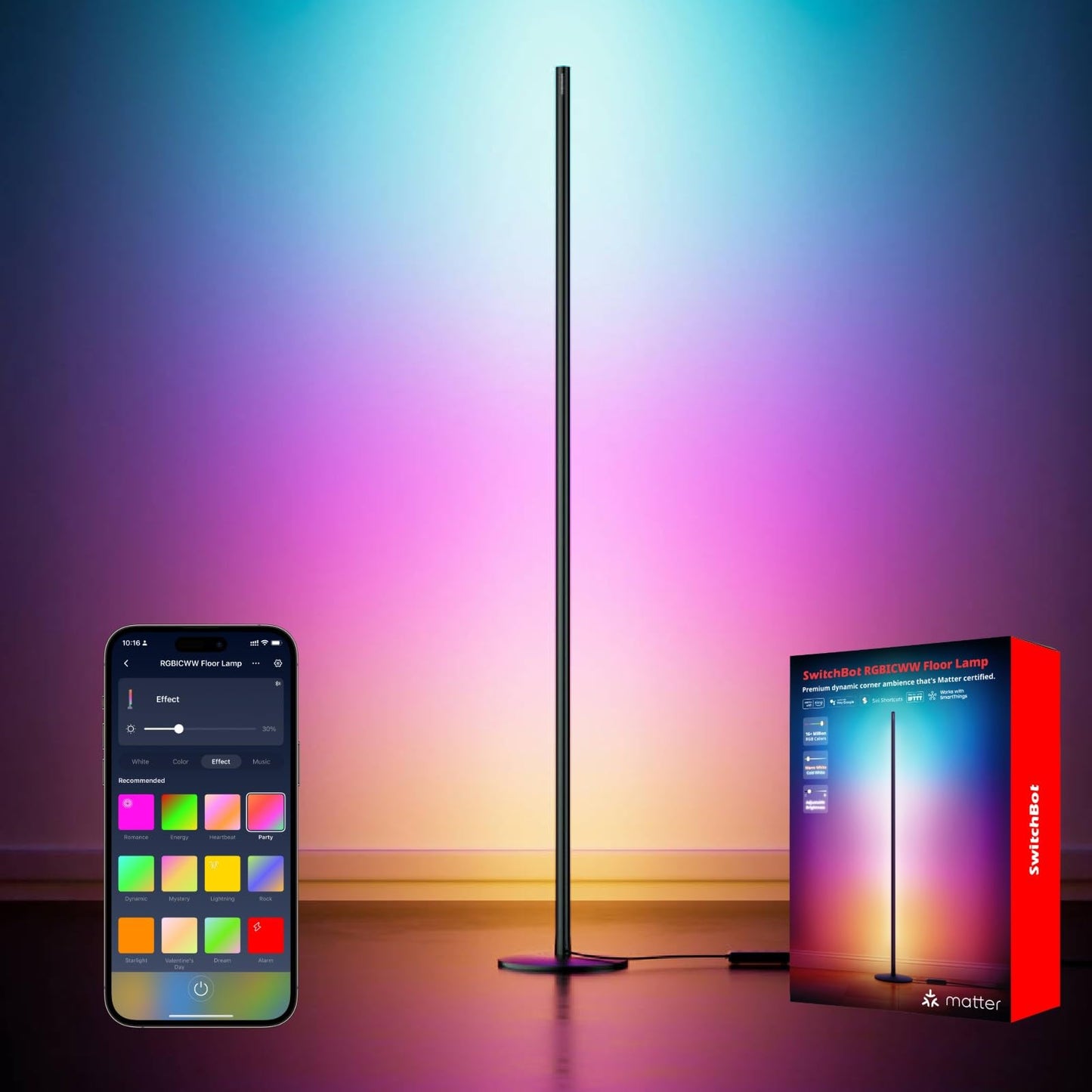 SwitchBot Smart Floor Lamp RGBICWW Voice/App Controlled Works with Alexa, Apple Home & Google, Matter, Warm & Cool White, 1200lm Music Sync, Lamp for Living Room for Bedroom — Christmas/Holiday décor
