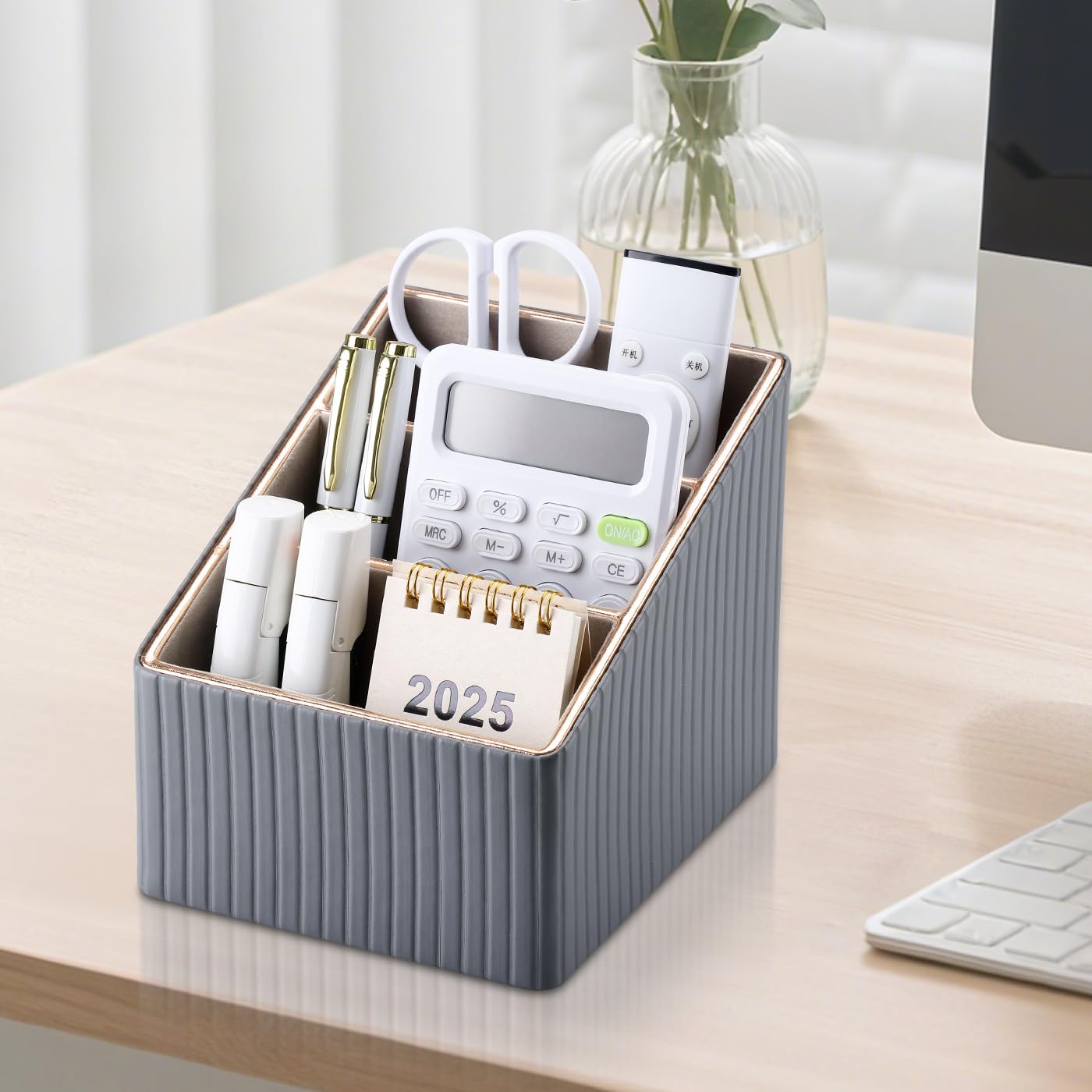 KINGFOM 3 Slot PU Leather Remote Controller Holder, Home Sundries Storage Box, TV Guide/Mail/CD Organizer/Caddy/Holder with Free Cable Desk Organizer (Grey)