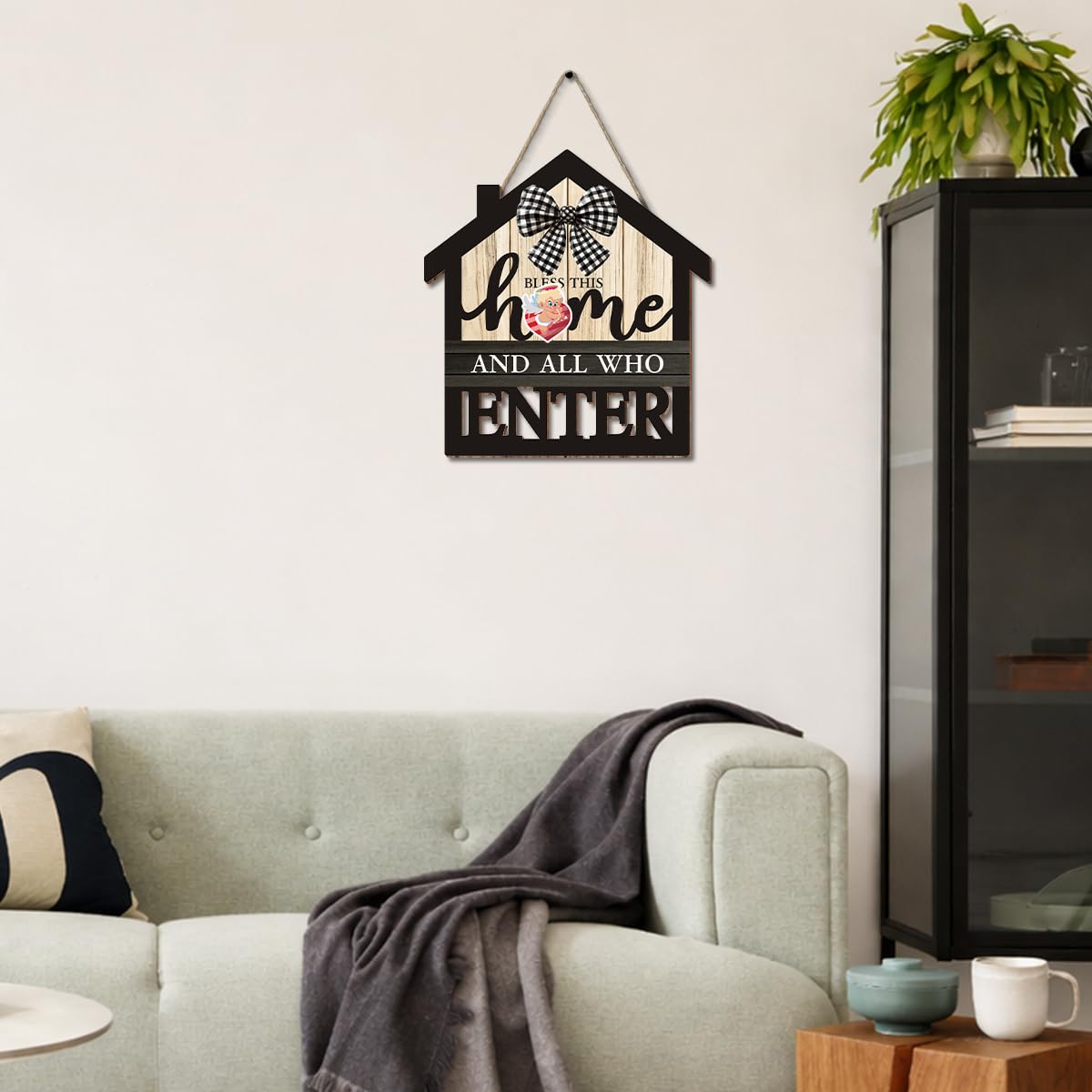 Interchangeable Seasonal Bless This Home Hanging Sign - Farmhouse Front Door Decoration for Spring All Seasons Holidays - Rustic House Shape Wood Sign with 12 Icons