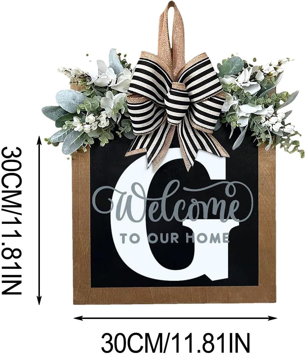Last Name All Year Round Front Door Wreath with 26 Initial Letter Welcome Sign All Seasons Eucalyptus Garland and Bow ，Farmhouse, Porch, for Spring Summer Fall All Seasons Holiday Halloween Christmas.（G）