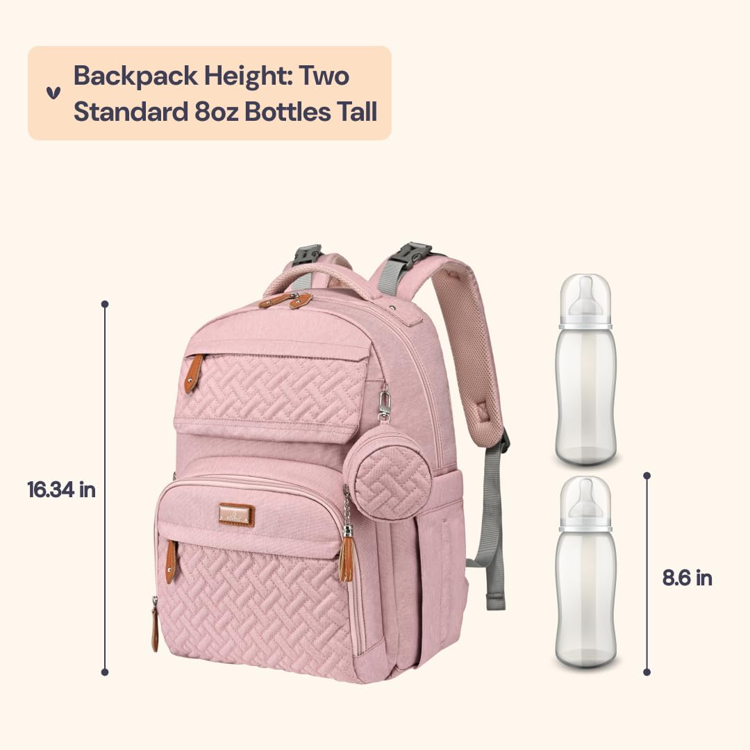 BabbleRoo Diaper Bag Backpack - Travel Large Baby Diaper Bag with Changing pad, Waterproof Baby Bags for Mom & Dad, Unisex Bags with Pacifier Case, Luggage Strap & Stroller Clips– Pink