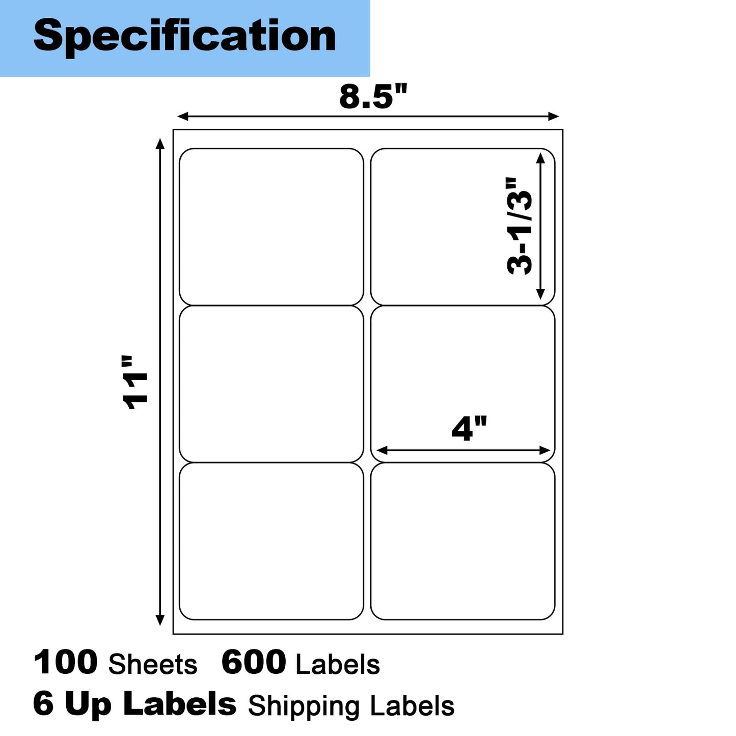 Risepekt 600 Pcs 6 Up Labels,4" x 3-1/3" Shipping Address Labels for Laser & Inkjet and Copier Printer, 100 Sheets 6 Labels per Page Sheets Blank Mailing Labels, 6 per Sheet Barcode Labels Sticker