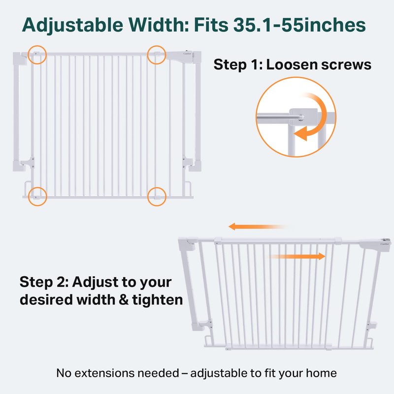 Cumbor 35.1-55" Wide No Bottom Bar Baby Gate for Stairs, 2-in-1 Auto Close Dog Gate Indoor, Hardware Mounted Pet Gate for Doorways with Large Walk Thru Door, Child-Proof Safety Gate for Kids (White)