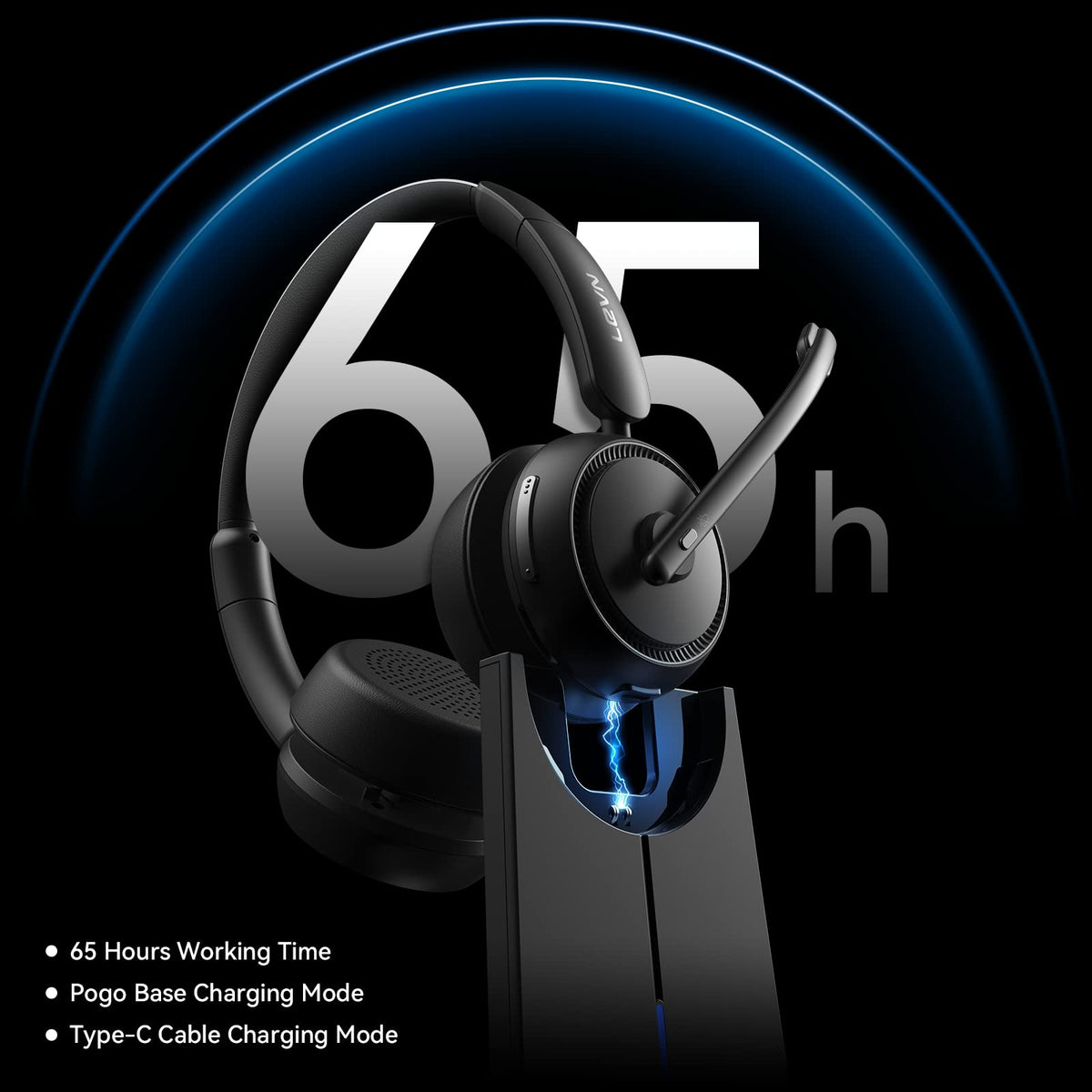 LEVN Wireless Headset with Mic for Work, Bluetooth Headset with Microphone (Noise Cancelling), 65 Hrs Working Time 2.4G Wireless Headphones with Mic for Work/Call Center/PC/Computer/Laptop/Teams/Zoom
