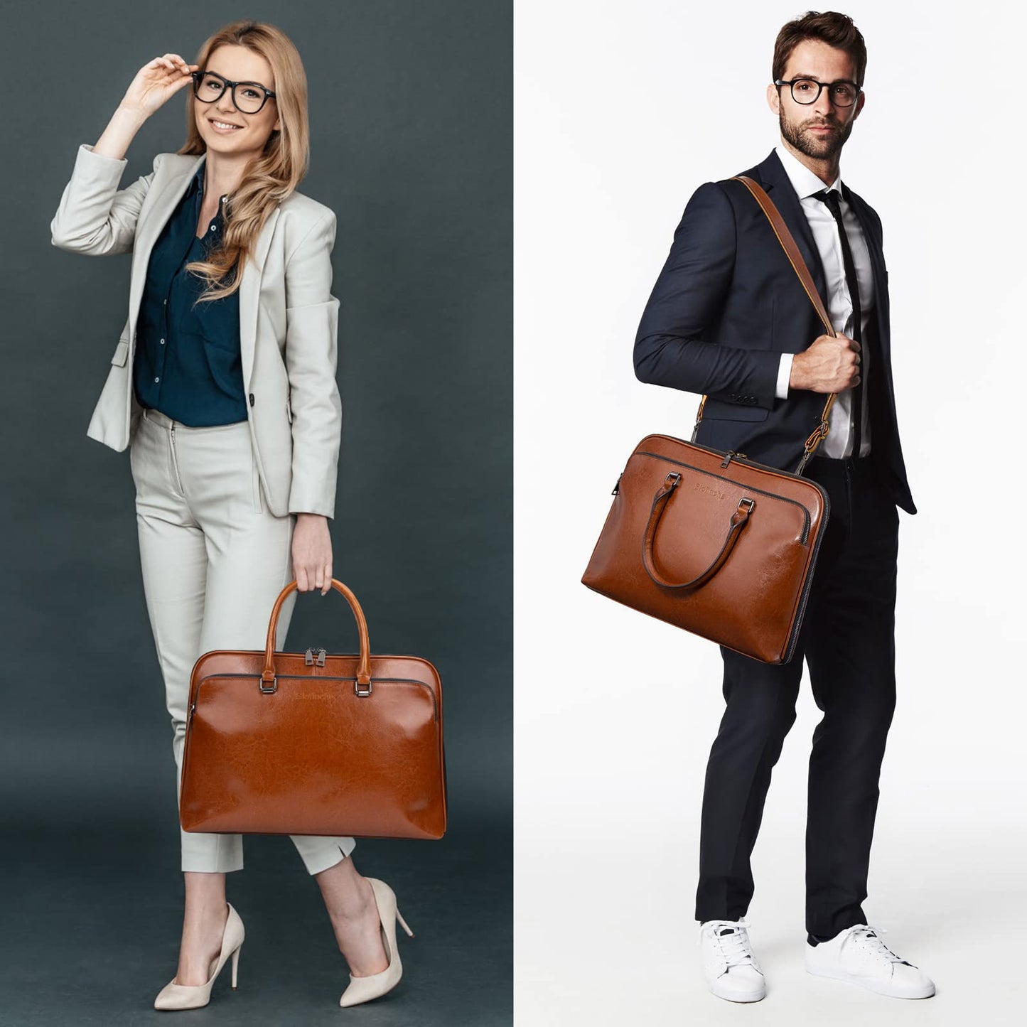 Blofinche Genuine Leather laptop Briefcase: Messenger shoulder bag 15 16 inch men macbook case women work satchel designer handbag Brown