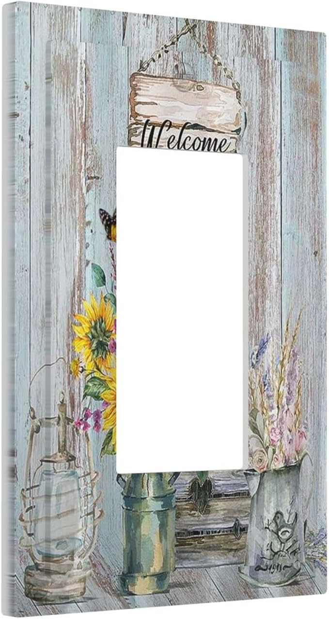 Sunflower Vintage Barn Wooden Single Rocker Light Switch Covers Sun floral 1 Gang Outlet Cover Wall Plate Decorative GFCI Switchplate Faceplate Farmhouse Home Livingroom Decor