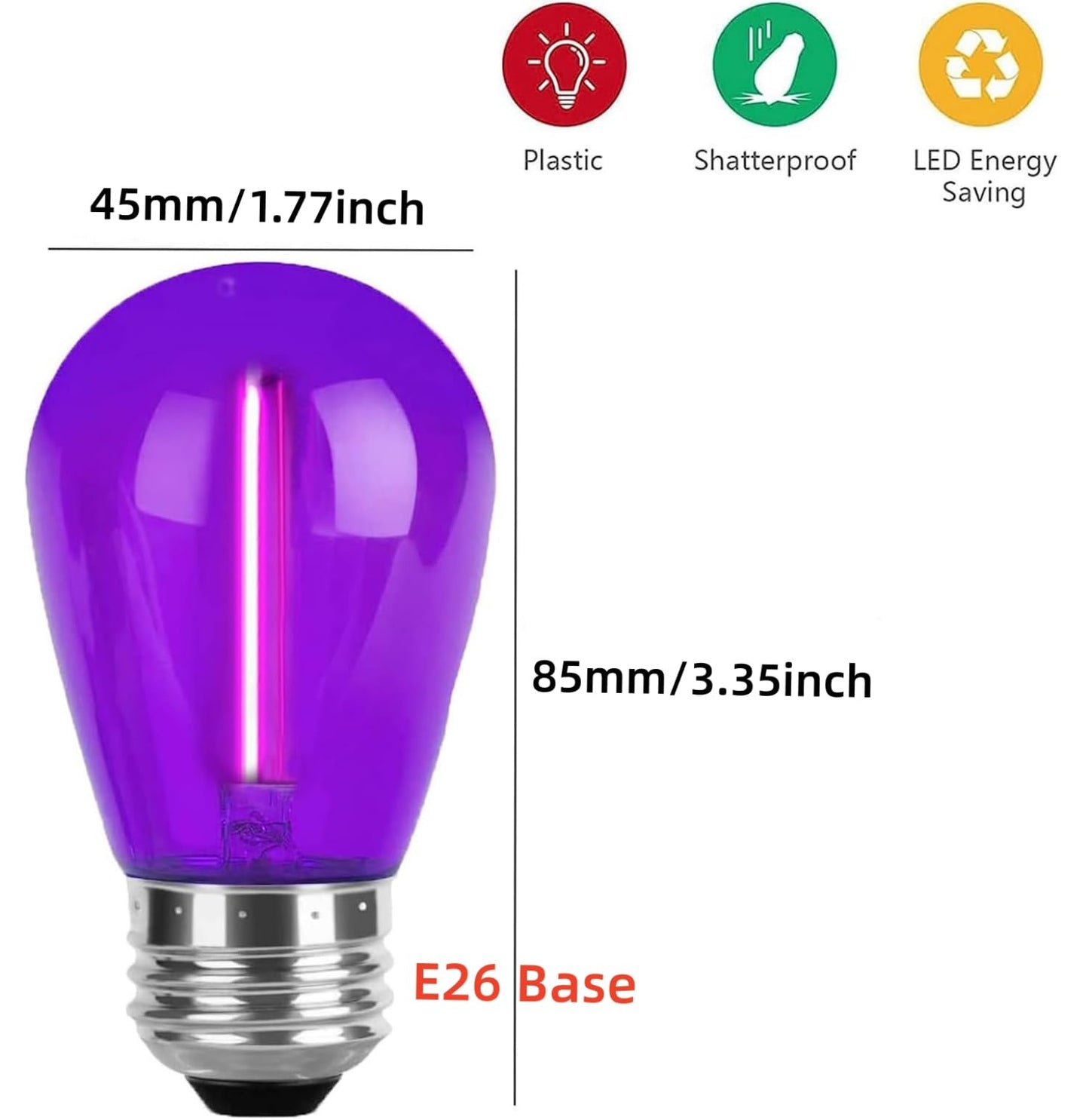 Sxminer 15 PCS LED Purple S14 Bulbs Christmas Replacement Bulb 1W LED String Light Bulb E26 Base Edison Bulbs Plastic Shatterproof Decorative Bulbs for Outdoor String Lights Home Patio Decor(Purple)