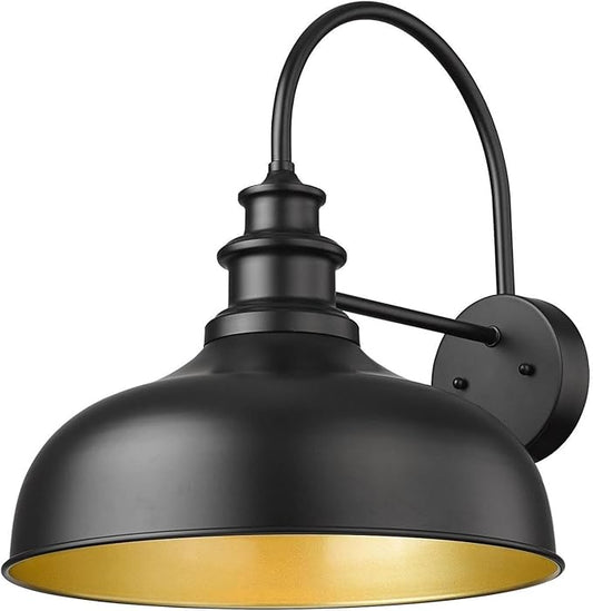 Bestshared Large Farmhouse Barn Lights 16 Inch Dome Outdoor Wall Lighting Fixture Industrial Gooseneck Sconces Exterior Mount Light, Black Outdoor Wall Lantern (1Pack, Black+ Gold)