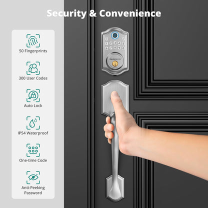 Keyless Entry Door Lock with Handle Set - Fingerprint Door Locks, Electronic Keypad Deadbolt, Smart Locks for Front Door, Auto-Lock & One Touch Locking, Easy Installation - Satin Nickel