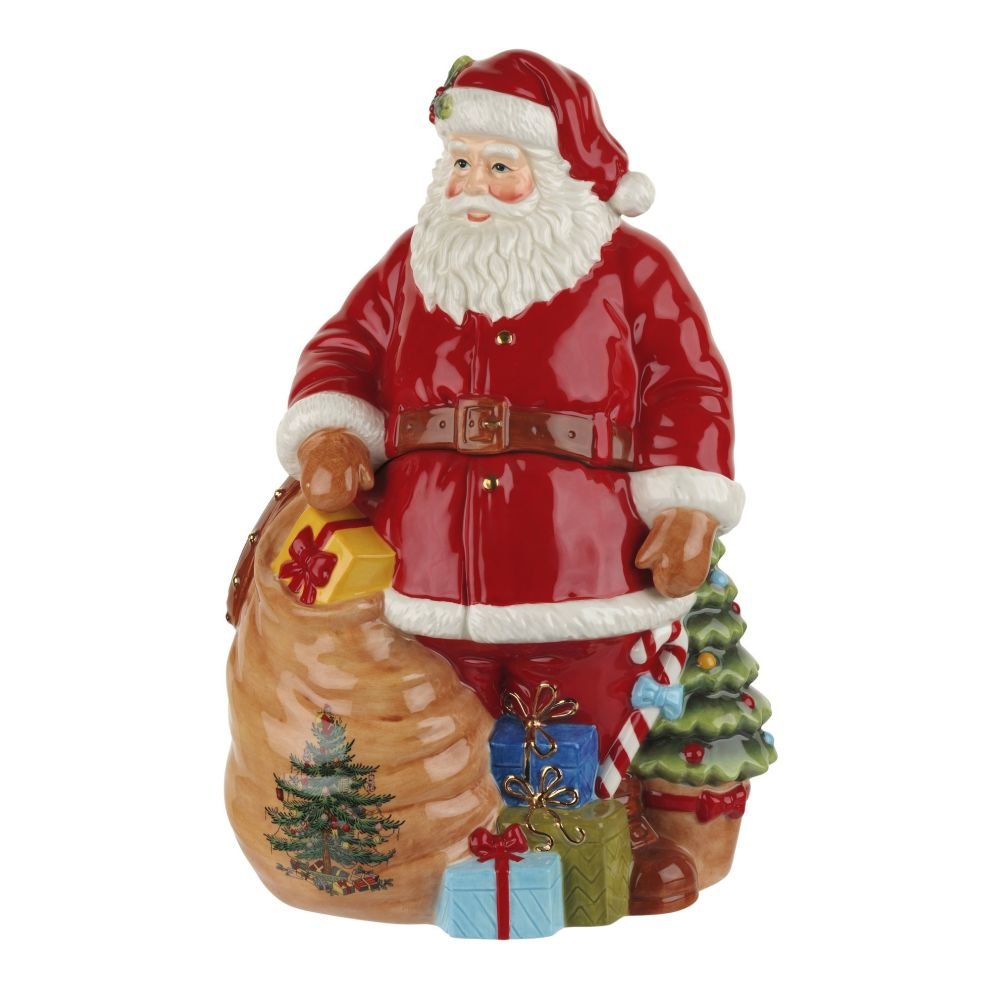 Spode Christmas Tree Santa Cookie Jar - 12" Dolomite Christmas Cookie Jar with Lid for Treats - Santa Candy Jar for Kitchen Counter, Festive Kitchen Decor, Seasonal Cookie Container, Holiday Gift