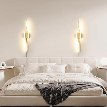 Modern Gold Plug in Wall Sconce Set of 2, Indoor Dimmable Light Fixture with Plug in Cord for Living Room, LED Sconces Lighting with Remote Control, Wall Lighting Decor for Hallway Bedroom