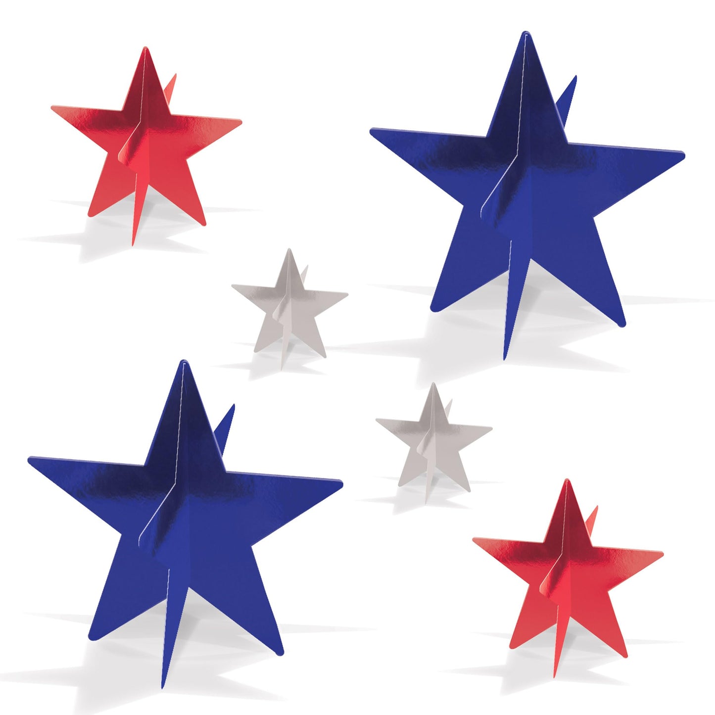 Beistle Red, Silver, and Blue 3-D Foil Star Centerpieces – 6 Pack, Dimensional Star Table Decorations, Freestanding Metallic Décor for New Year’s Eve Celebrations, July 4th Parties & Patriotic Events