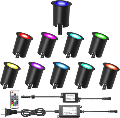 LED Deck Light Kit 0.1W-0.3W Low Voltage RGB Outdoor Lighting with Protecting Shell,6Lm IP67 Waterproof Outdoor Step Stairs Garden Yard Patio Landscape Decor Lighting(RGB,10pcs Black Border)