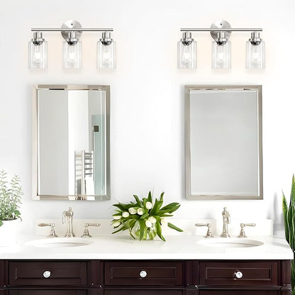 3-Light Brushed Nickel Vanity Lights, E26 Modern Bathroom Light Fixtures with Clear Glass Shade, Wall Lamps for Mirror Kitchen Hallway Cabinet Living Room Sconces Lights