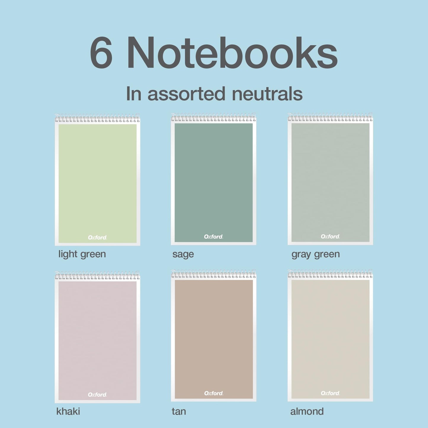 Oxford Steno Spiral Notebooks, Top Bound Steno Pads, 6x9 Inches, Gregg Ruled for Lists, White Paper, Asst. Neutral Covers, 80 Sheets, 6 Pack (1007113)
