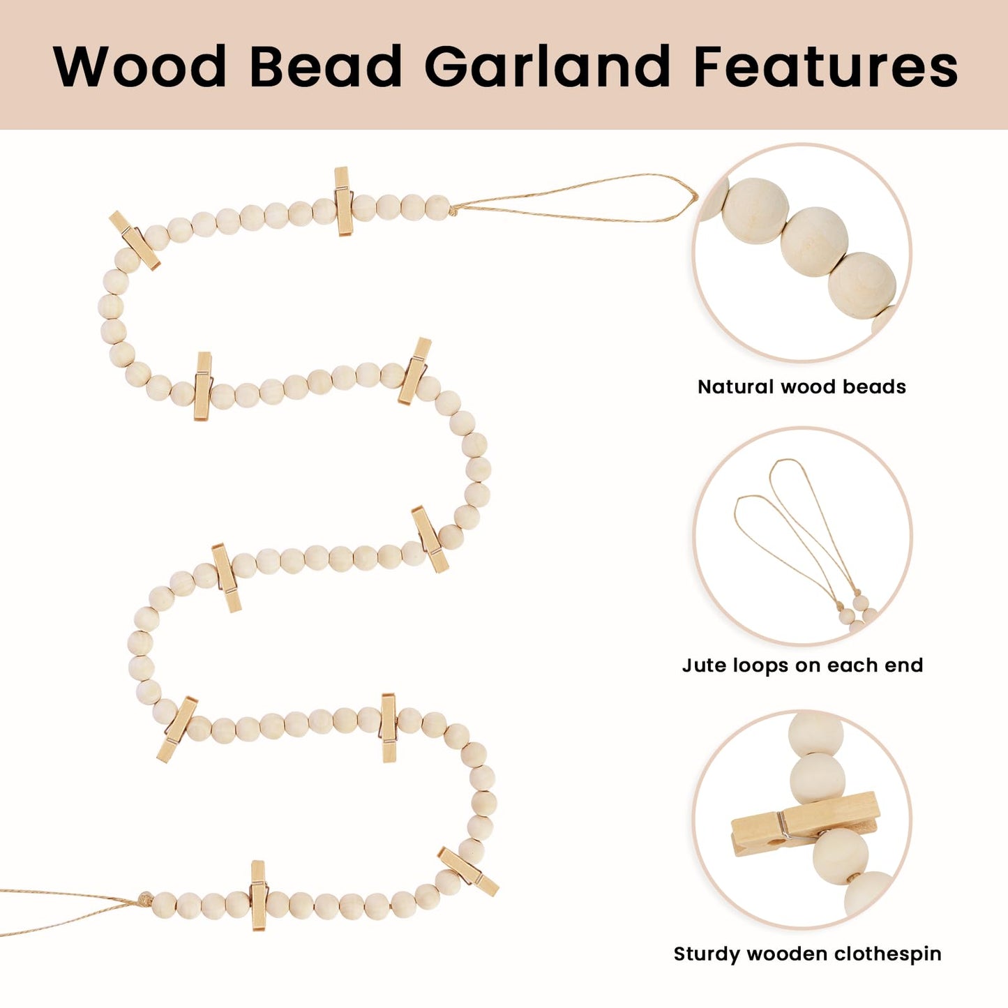 Hanging Photo Display with Clips, Boho Wooden Bead Garland Collage Picture Frame Wall Decor, Photo String with 10 Clips for Bedroom Room Dorm Cubicle Decor, Christmas Teen Girls Gifts , 3 Pack