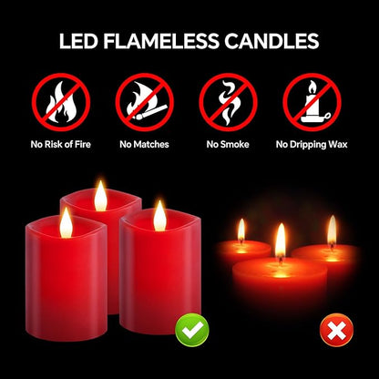 3x4 Flickering Flameless Candles Set of 3,Real Wax Pillar led Candles Flickering,4 inch Flameless Candles with Remote,for Party Wedding Holiday Home Decor,Red