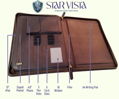 STAR VISTA Flamingo Full Grain Cowhide Leather Padfolio - Executive Business Folio, Sleeve for 13" Tablet & iPhone16, A4/US Letter Size Binder, Lefty Friendly