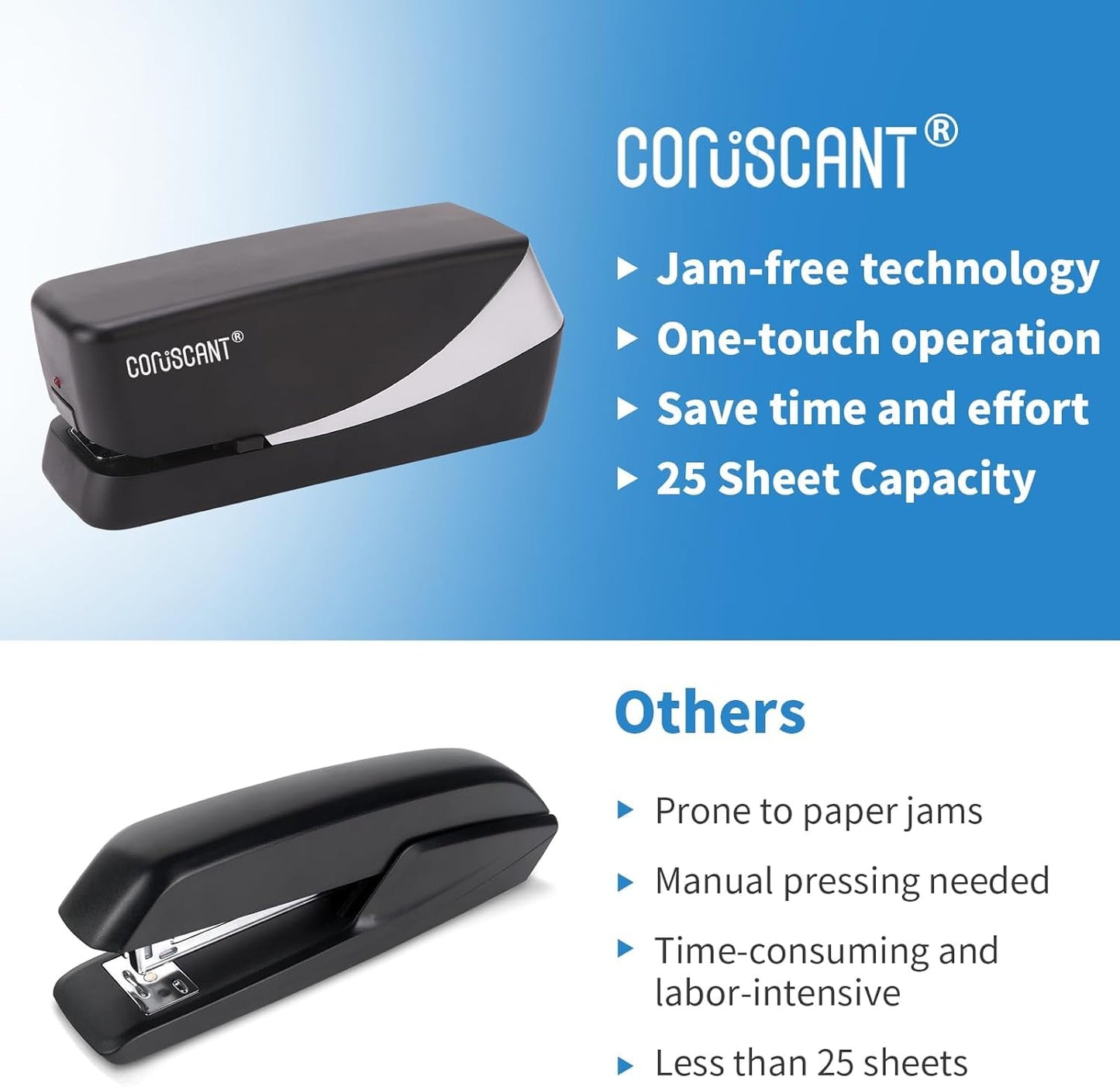 Coruscant Electric Stapler, Automatic Stapler, Heavy Duty，25 Sheet, Store 210 Staples，Including 2000 Staples,and 1 Staple Remover, Electric Desktop AC or Battery Powered for Home/Office Use