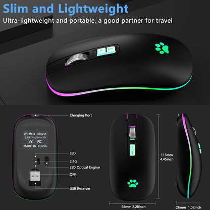 KARFUN Wireless Mouse, Backlit LED Portable Slim Computer Mouse for Laptop, PC, Computer, MacBook, iPad, Chromebook, Notebook, 2.4G Rechargeable Wireless Mouse (Black) (Black-Transparent Nose)