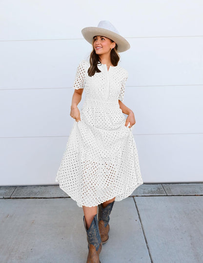 ZESICA Women's 2025 Summer Short Sleeve Maxi Dress Casual V Neck Hollow Out Eyelet Ruffle Swing A Line Long Dresses,White,Small