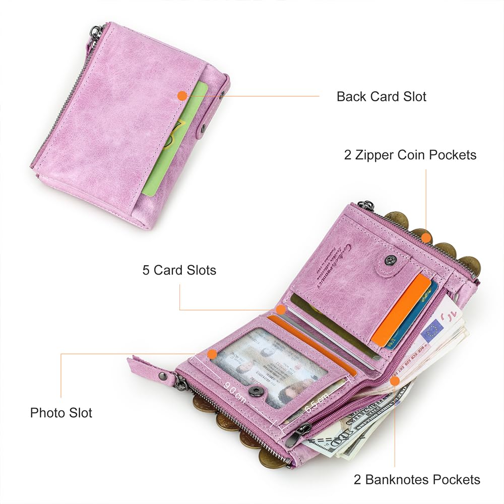 CONTACTS Soft Leather Wallet for Women Small Bifold Coin Purse Double Zipper Card Holder with RFID Blocking (Pinkish Purple)