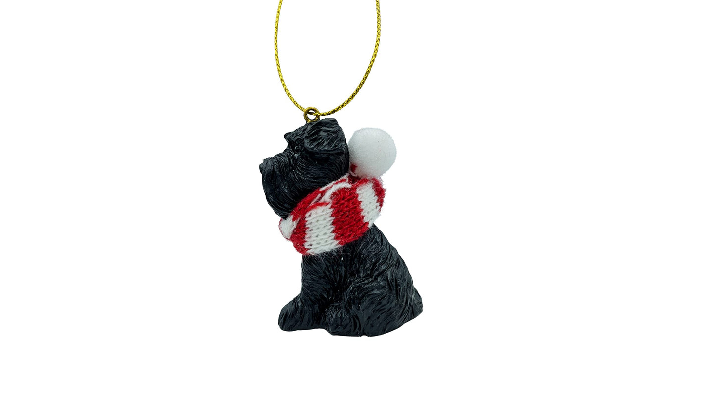December Pets Miniature Black Schnauzer Dog Christmas Tree Ornament with Candy Cane Scarf