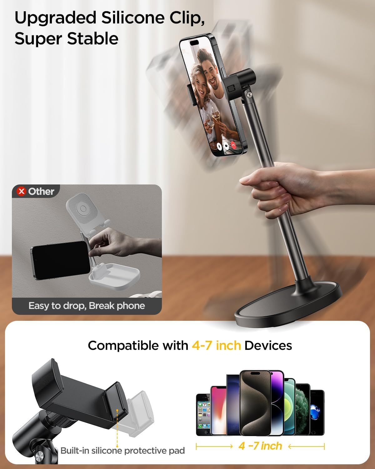 DIMONCOAT Phone Stand for Desk, Angle Height Adjustable Phone Holder for Desk, Aluminum Alloy Universal iPhone Holder, Retractable Cell Phone Stand Recording Office for iPhone 17 16 15 Pro Max S26