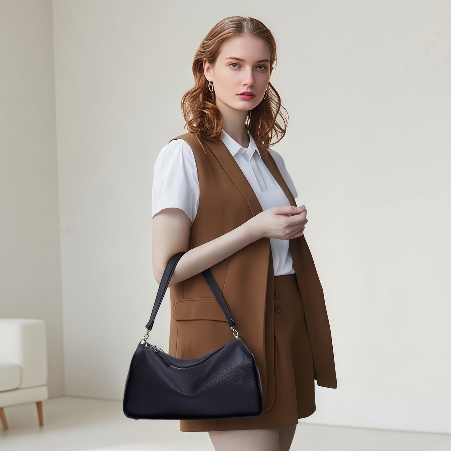 Rosvovo Genuine Leather Purses for Women, Real Leather Women's Crossbody Bag Shoulder bag Handbags Hoho bag with Adjustable Strap, balck,