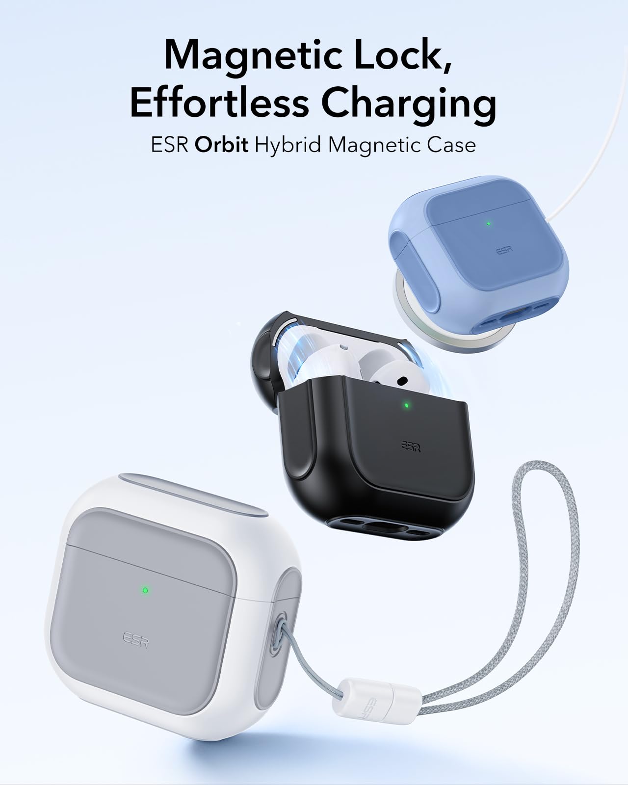 ESR for AirPods 4 Case, Compatible with AirPods 4th Generation Case (2024) (USB-C), Compatible with MagSafe, Drop Protection Cover with Lanyard, Magnetic Lid Lock, Orbit Hybrid Series, White