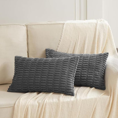 Fancy Homi Dark Grey Lumbar Decorative Throw Pillow Covers 14x24 Inch for Living Room Couch Bed Sofa, Rustic Farmhouse Boho Home Decor, Soft Striped Corduroy Rectangle Cushion Case 35x60 cm