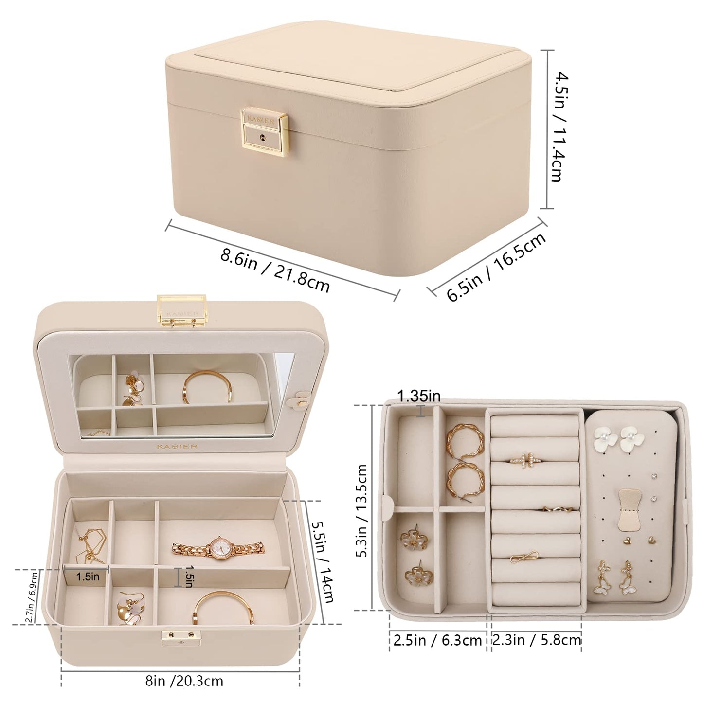Upgraded Jewelry Box, 2 Layers PU Leather Jewelry Organizer for Women with Lock and Mirror, Hidden Necklace Hook and Removable Divider Large Capacity Travel Jewelry Box Ideal for Gift-With Gift Box